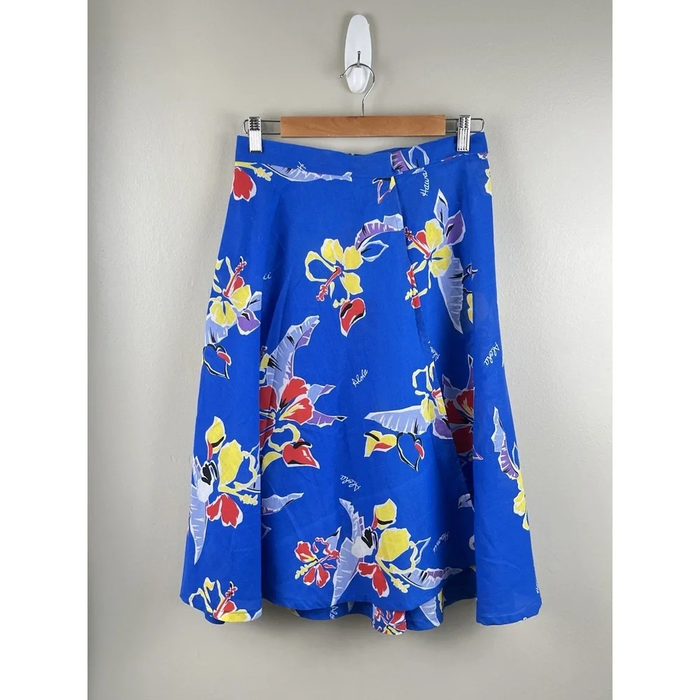 Lake Barrine Vtg Hawaiian Wrap Midi Skirt‎ Blue Floral One Size